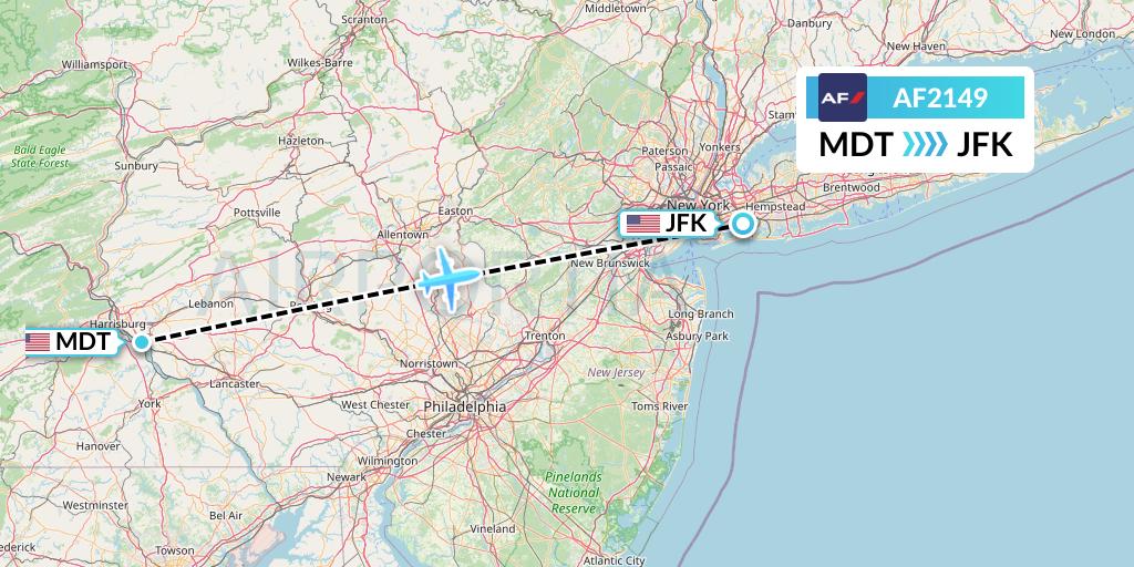 AF2149 Air France Flight Map: Harrisburg to New York