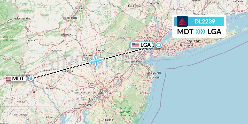 DL2239 Delta Air Lines Flight Map: Harrisburg to New York