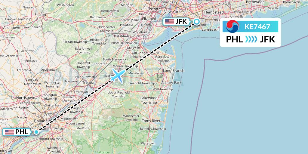 KE7467 Korean Air Flight Map: Philadelphia to New York