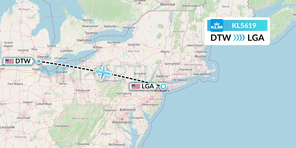 KL5619 KLM Flight Map: Detroit to New York