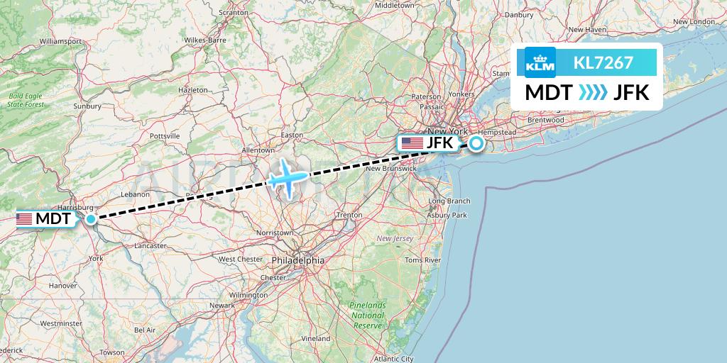 KL7267 KLM Flight Map: Harrisburg to New York