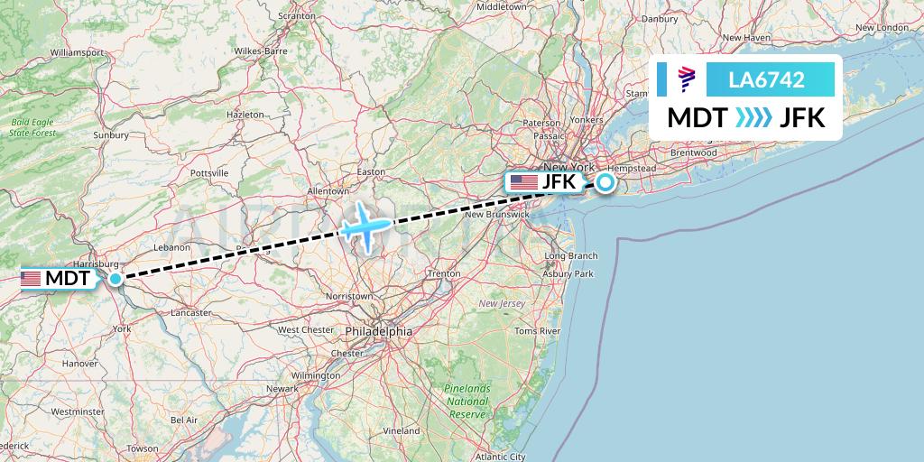 LA6742 LAN Airlines Flight Map: Harrisburg to New York