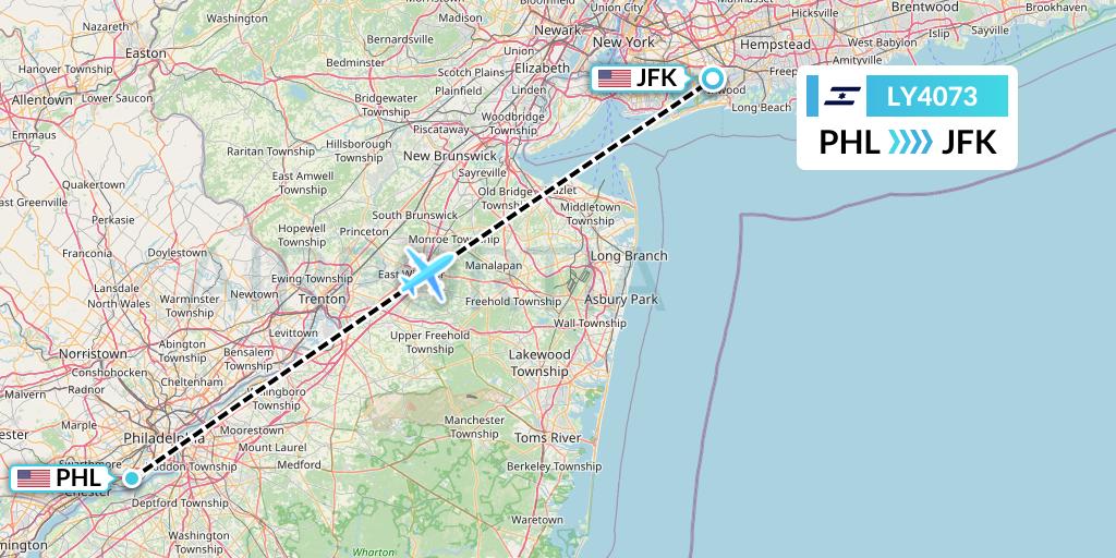 LY4073 El Al Flight Map: Philadelphia to New York