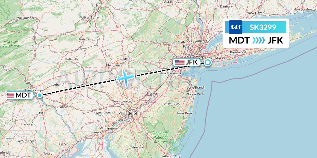 SK3299 SAS Flight Map: Harrisburg to New York