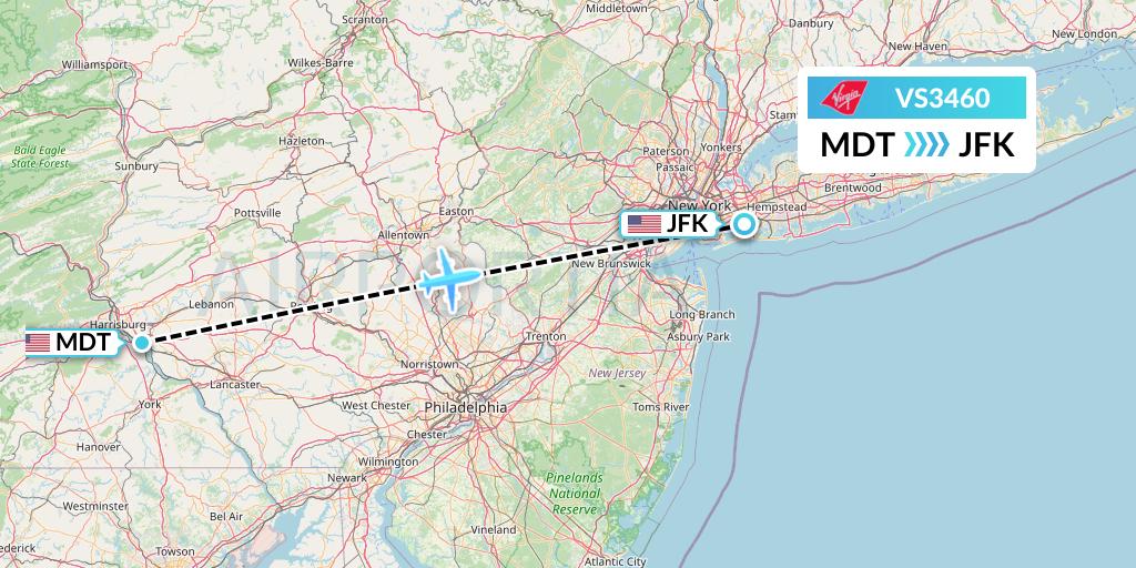 VS3460 Virgin Atlantic Airways Flight Map: Harrisburg to New York