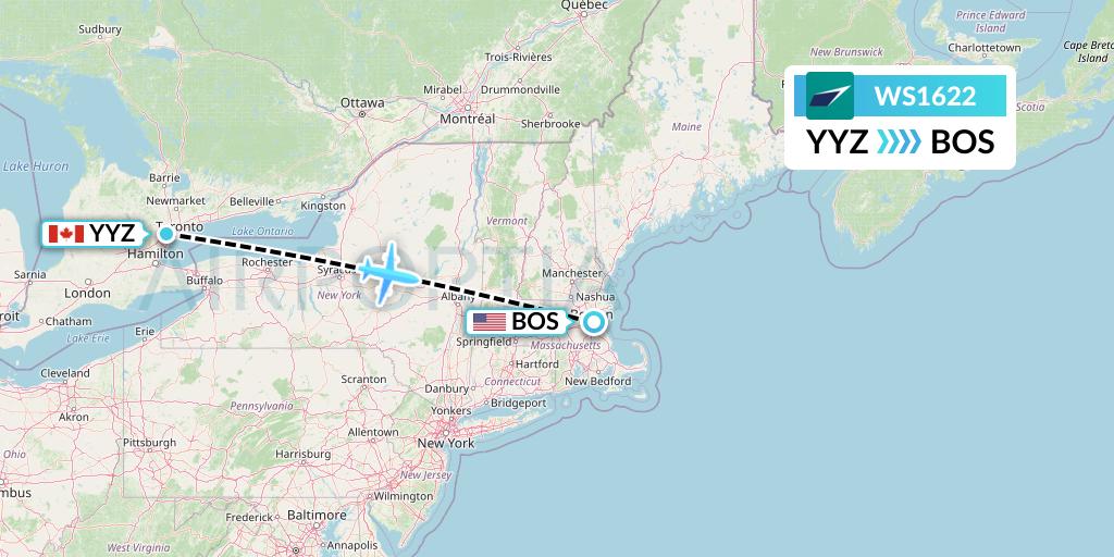 WS1622 WestJet Flight Map: Toronto to Boston