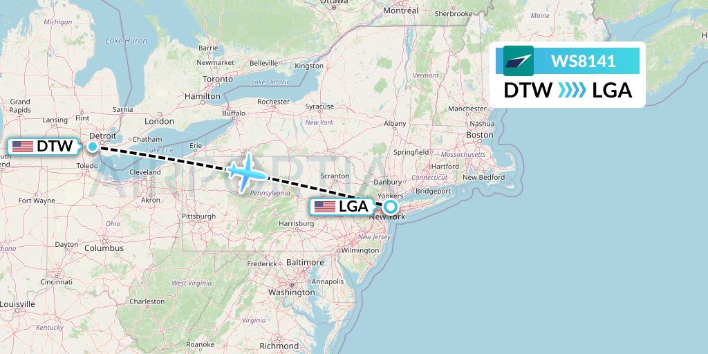 WS8141 WestJet Flight Map: Detroit to New York