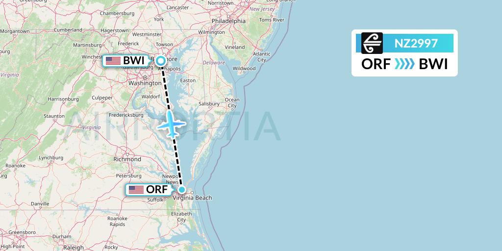 NZ2997 Air New Zealand Flight Map: Norfolk to Baltimore