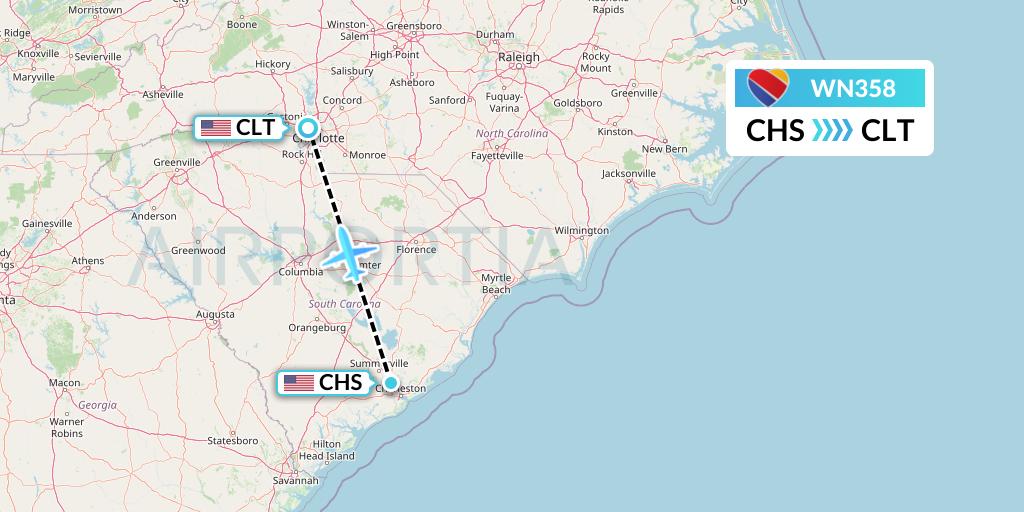 WN358 Southwest Airlines Flight Map: Charleston to Charlotte
