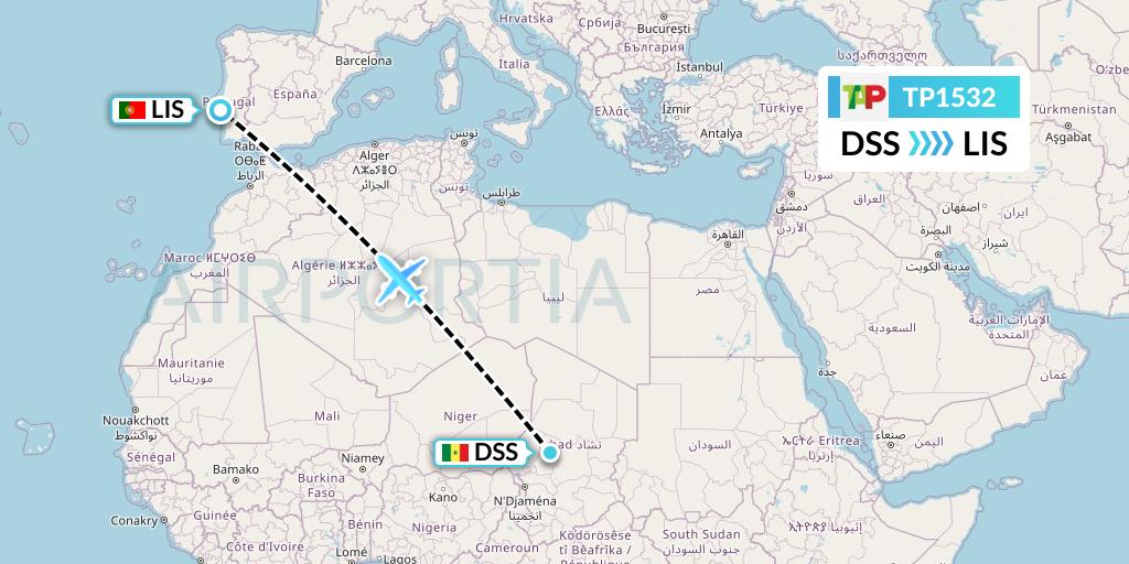 TP1532 TAP Portugal Flight Map: Dakar to Lisbon