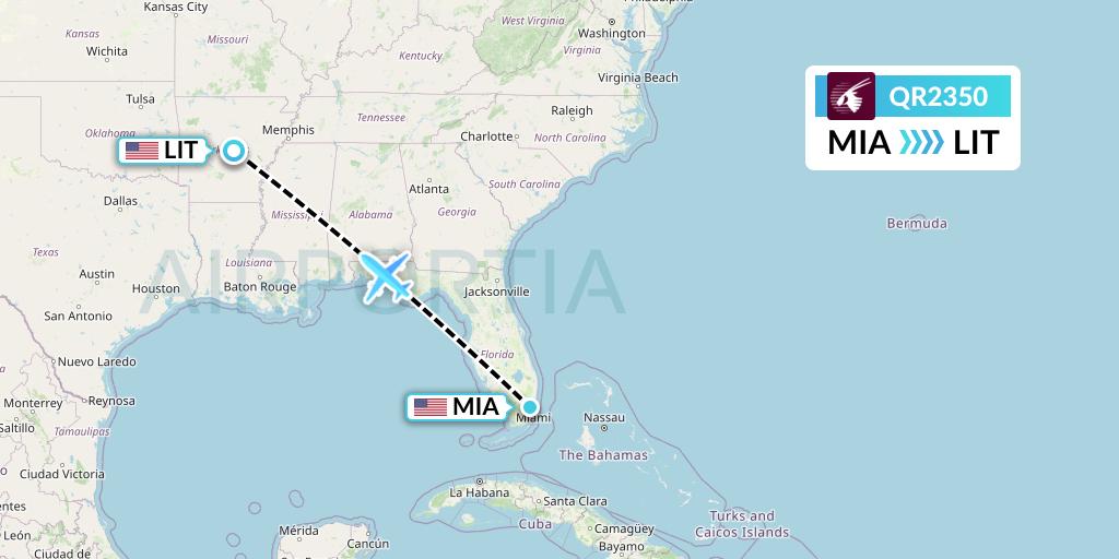 QR2350 Qatar Airways Flight Map: Miami to Little Rock