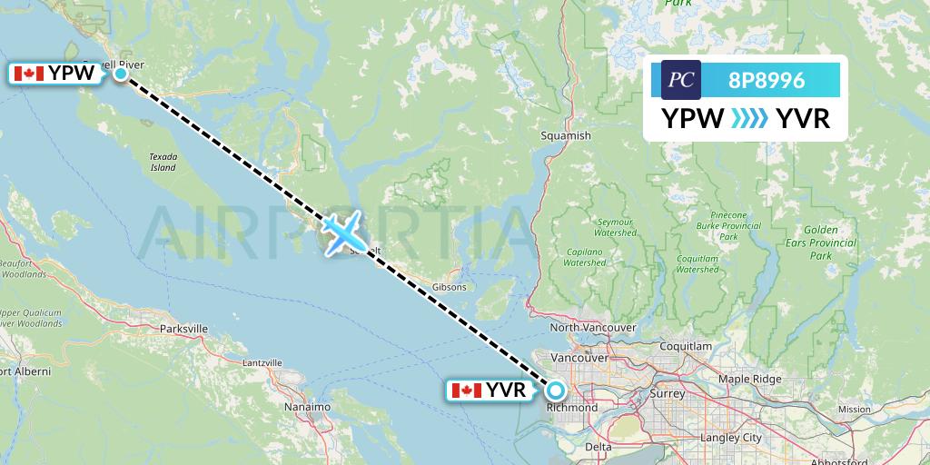 8P8996 Pacific Coastal Airlines Flight Map: Powell River to Vancouver