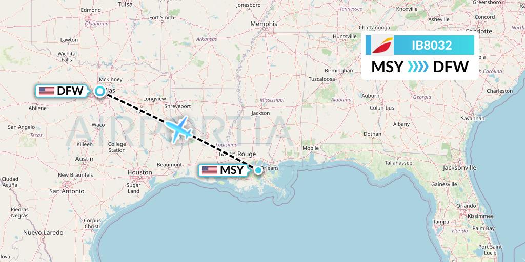 IB8032 Iberia Flight Map: New Orleans to Dallas