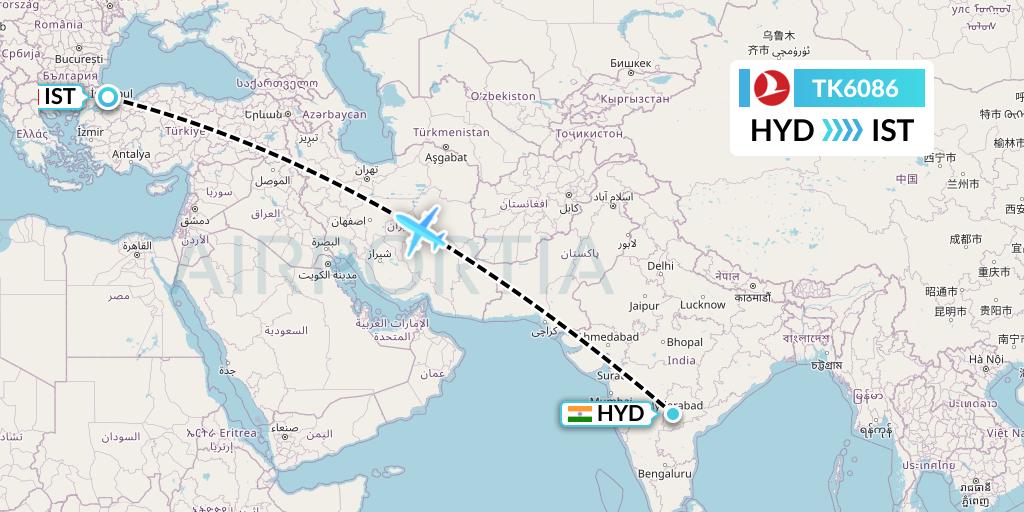 TK6086 Turkish Airlines Flight Map: Hyderabad to Istanbul