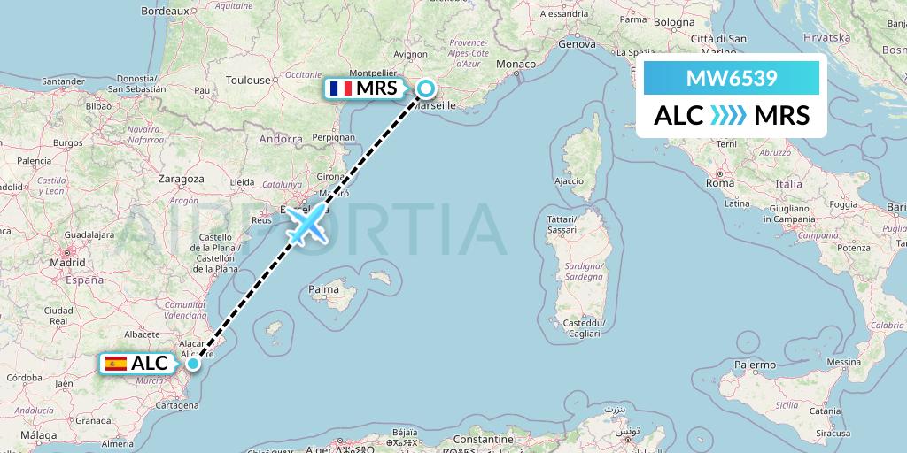 MW6539 Mokulele Flight Service Flight Map: Alicante to Marseille