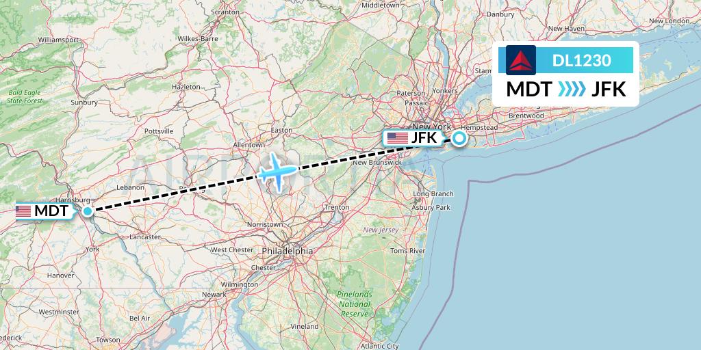 DL1230 Delta Air Lines Flight Map: Harrisburg to New York