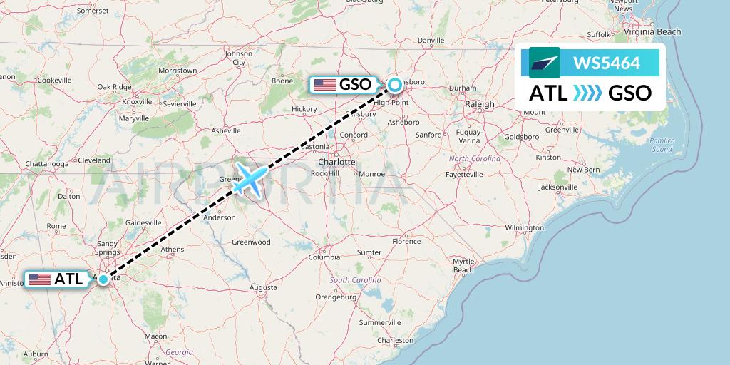 WS5464 WestJet Flight Map: Atlanta to Greensboro