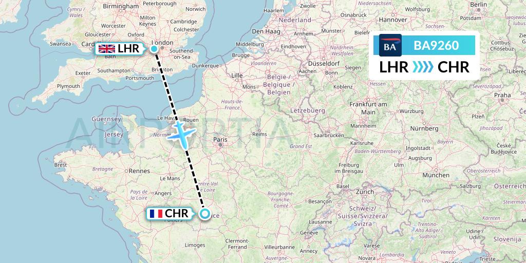 BA9260 British Airways Flight Map: London to Chateauroux