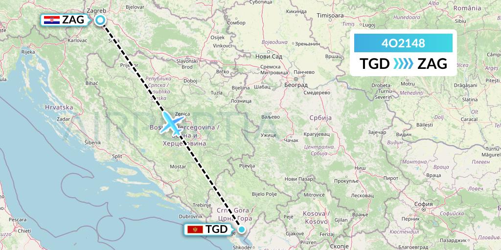 4O2148 Air Montenegro Flight Map: Podgorica to Zagreb
