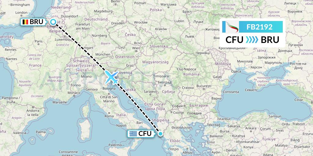 FB2192 Bulgaria Air Flight Map: Corfu to Brussels