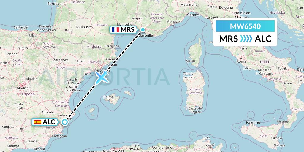 MW6540 Mokulele Flight Service Flight Map: Marseille to Alicante
