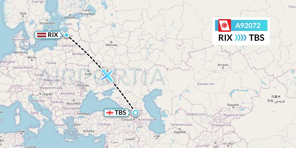 A92072 Georgian Airways Flight Map: Riga to Tbilisi