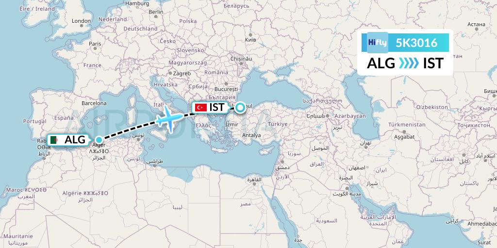 5K3016 Hi Fly Flight Map: Algiers to Istanbul