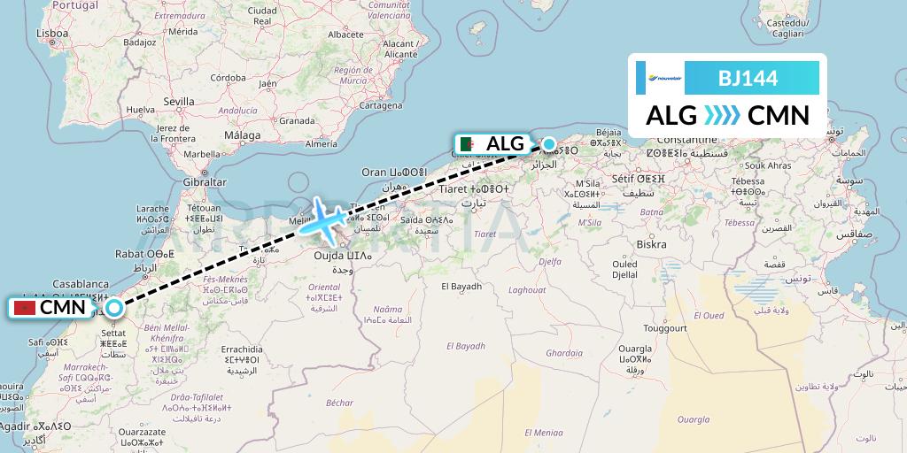 BJ144 Nouvelair Tunisie Flight Map: Algiers to Casablanca