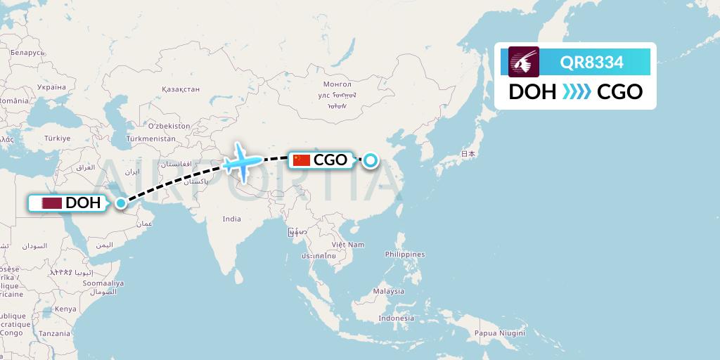 QR8334 Qatar Airways Flight Map: Doha to Zhengzhou
