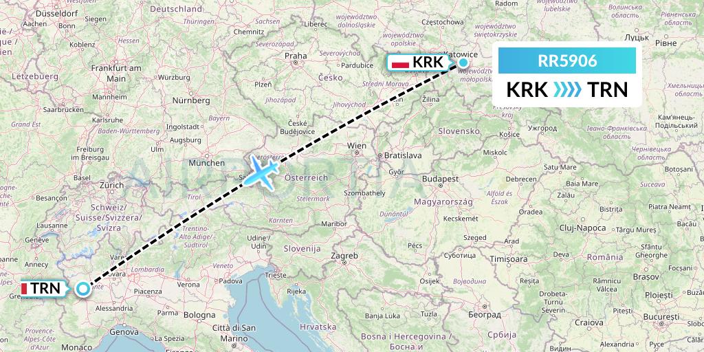 RR5906 Royal Air Force Flight Map: Krakow to Turin