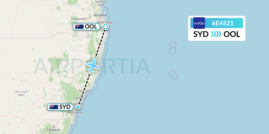 6E4521 IndiGo Airlines Flight Map: Sydney to Gold Coast