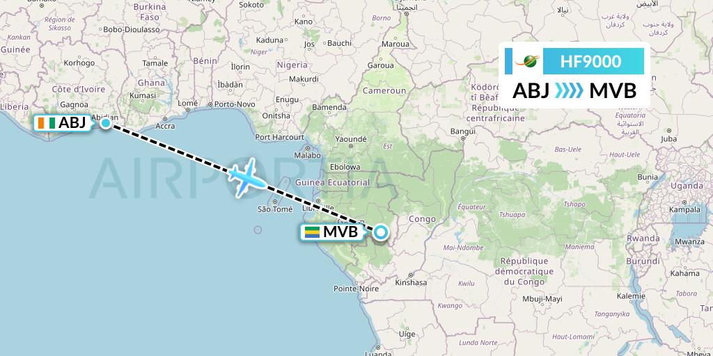 HF9000 Air Cote d'Ivoire Flight Map: Abidjan to Franceville
