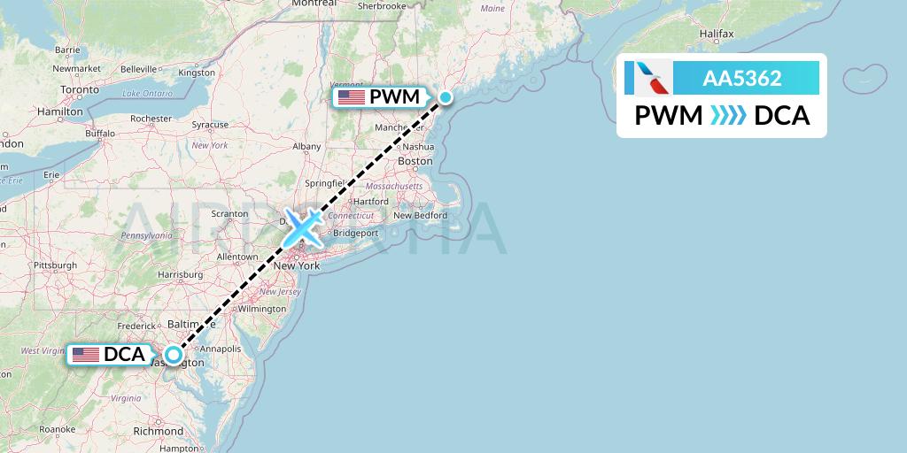 AA5362 American Airlines Flight Map: Portland to Washington