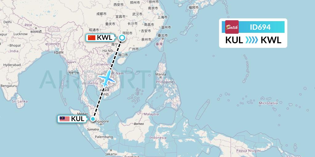 ID694 Batik Air Flight Map: Kuala Lumpur to Guilin