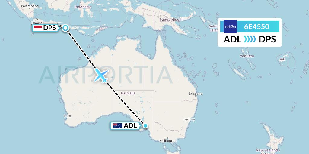 6E4550 IndiGo Airlines Flight Map: Adelaide to Denpasar