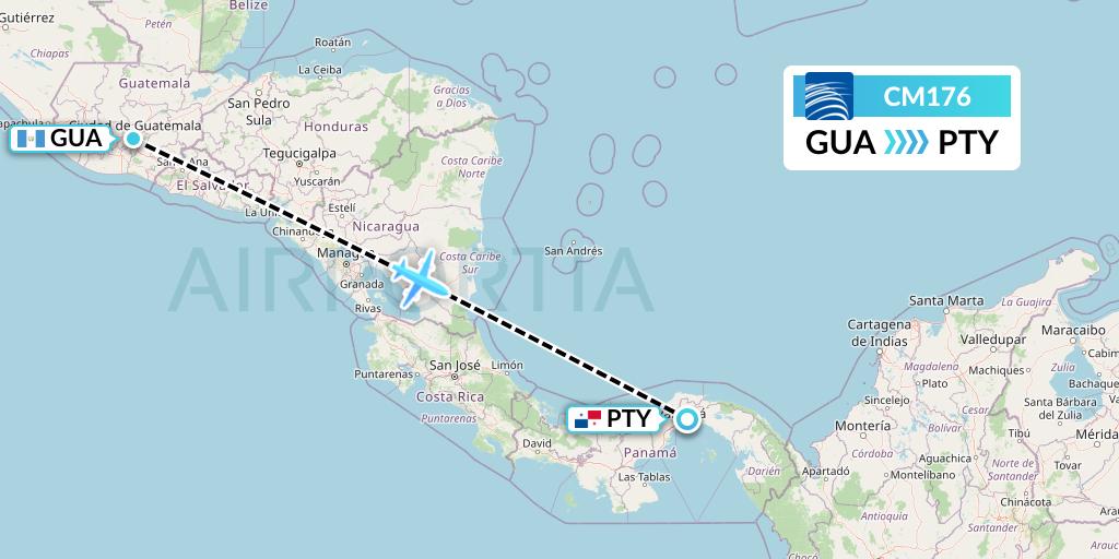 CM176 Copa Airlines Flight Map: Guatemala City to Panama City