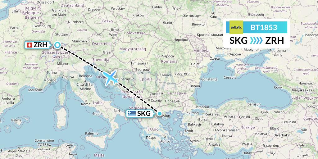 BT1853 Air Baltic Flight Map: Thessaloniki to Zurich