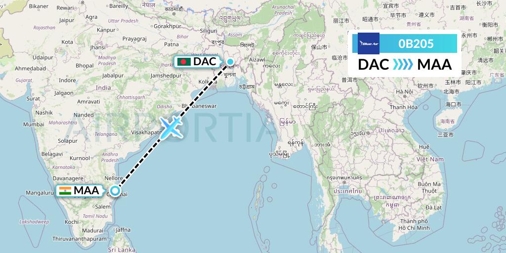 0B205 Blue Air Flight Map: Dhaka to Chennai