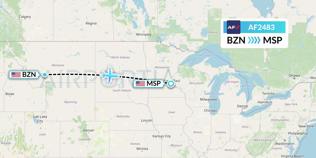 AF2483 Air France Flight Map: Bozeman to Minneapolis