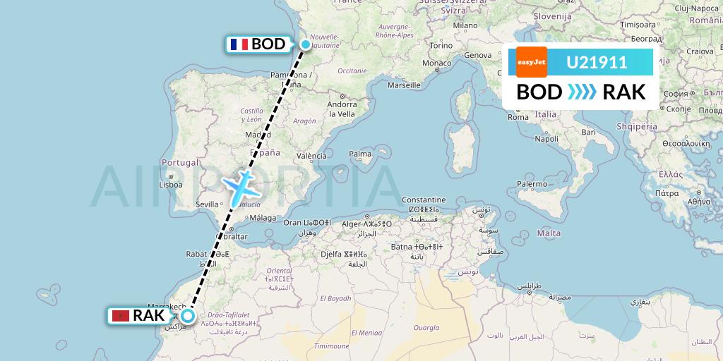 U21911 EasyJet Flight Map: Bordeaux to Marrakesh 