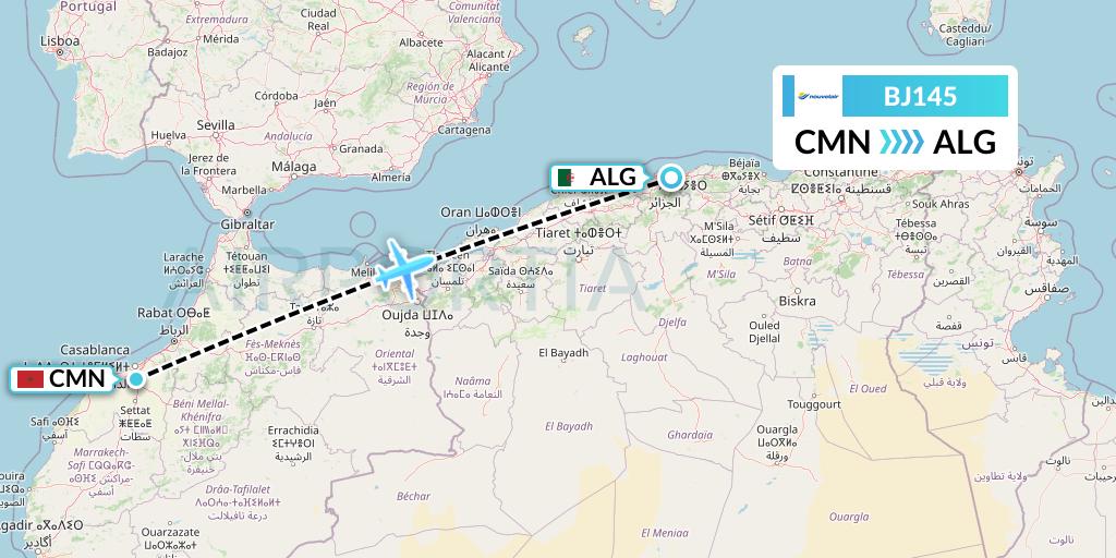 BJ145 Nouvelair Tunisie Flight Map: Casablanca to Algiers
