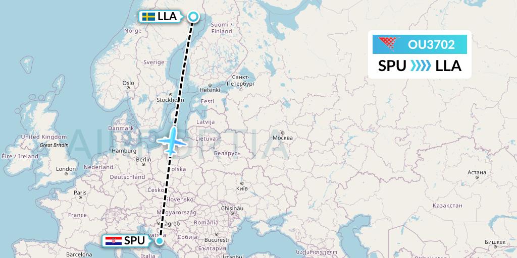 OU3702 Croatia Airlines Flight Map: Split to Lulea