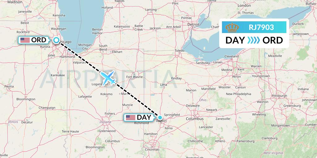 RJ7903 Royal Jordanian Flight Map: Dayton to Chicago
