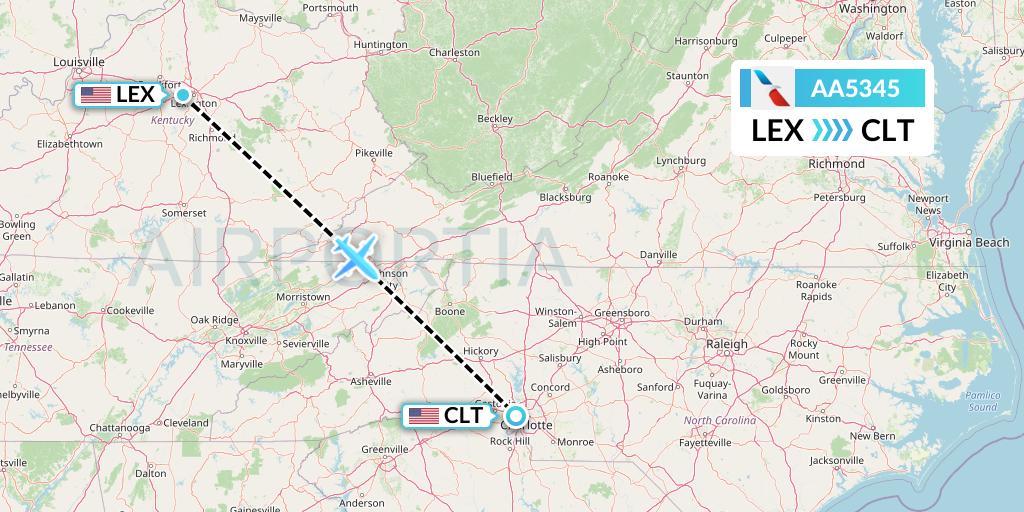 AA5345 American Airlines Flight Map: Lexington to Charlotte