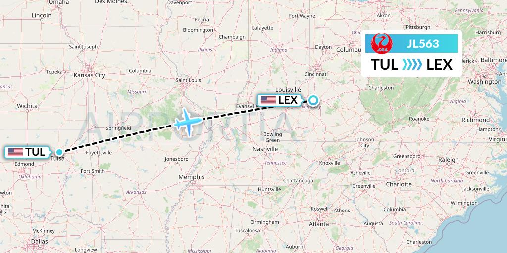 JL563 Japan Airlines Flight Map: Tulsa to Lexington