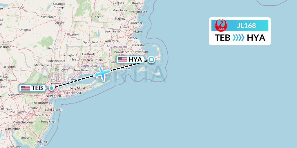 JL168 Japan Airlines Flight Map: Teterboro to Hyannis