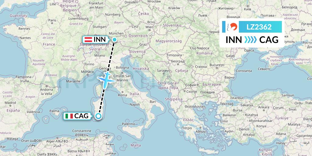 LZ2362 Air Link Flight Map: Innsbruck to Cagliari
