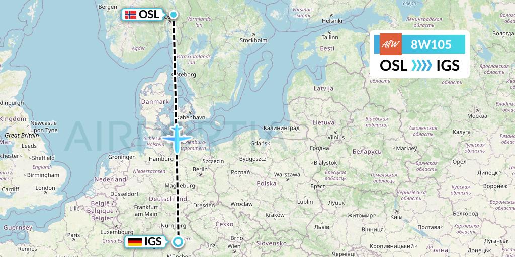8W105 Fly AllWays Flight Map: Oslo to Ingolstadt