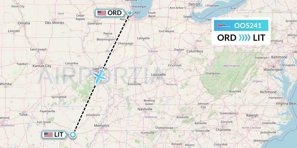 OO5241 SkyWest Airlines Flight Map: Chicago to Little Rock