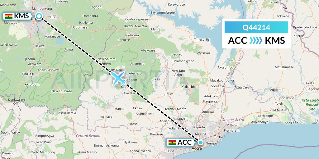 Q44214 Euroairlines Flight Map: Accra to Kumasi